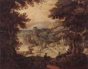 unknow artist a wooded landscape with a hunting party at the edge of a lake,a castle beyond